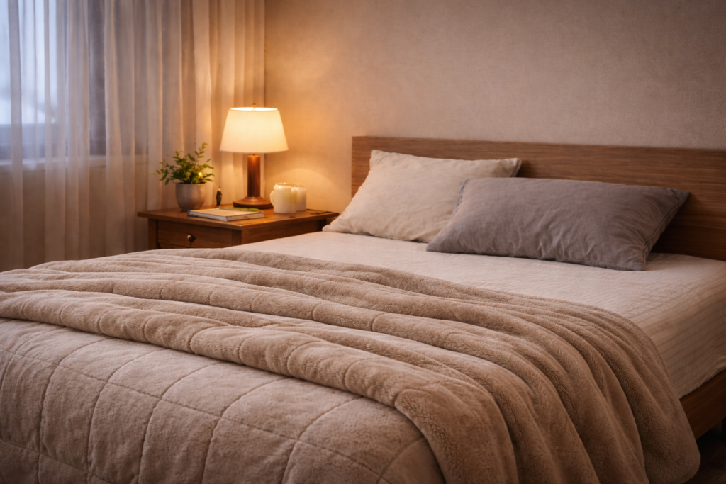 夜の寝室と落ち着いた照明