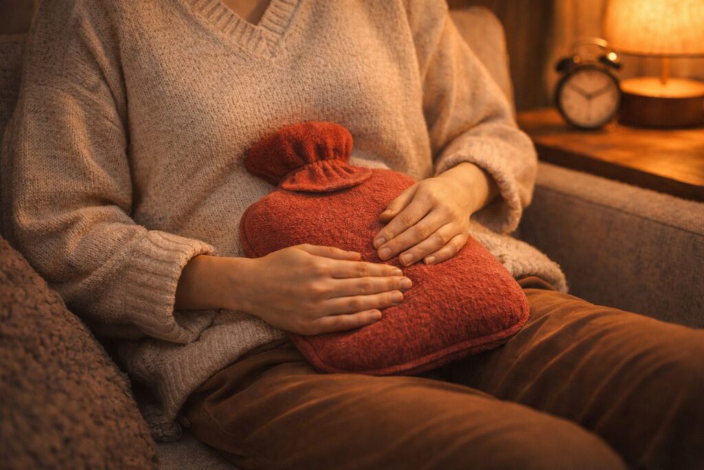 胃腸の不調対策として湯たんぽでお腹を温める様子