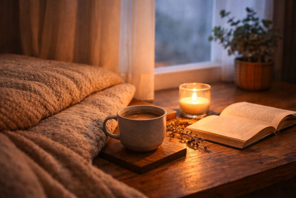 自律神経を整える静かな夜のイメージ(温かい飲み物とキャンドルのある部屋)