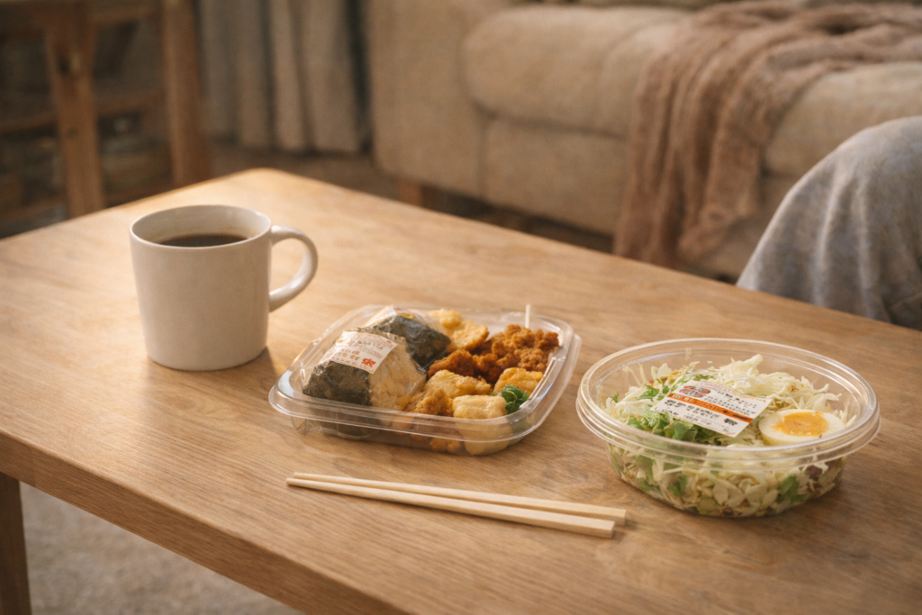 コンビニの食事とマグカップが置かれた、力を抜いた日常の風景
