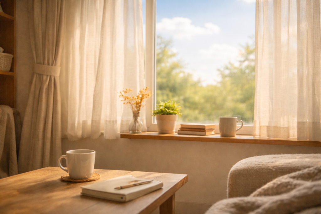 やわらかな光が差し込む、静かな部屋の窓辺
