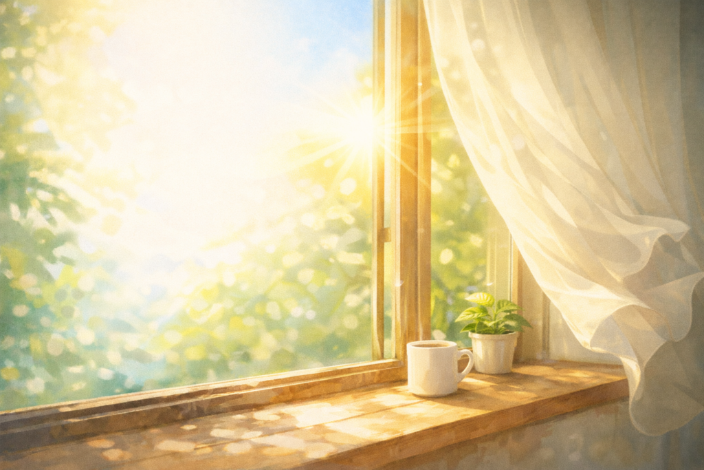 朝の光が差し込む窓辺の風景。5分の日向ぼっこの効果をイメージしたやわらかい日差し