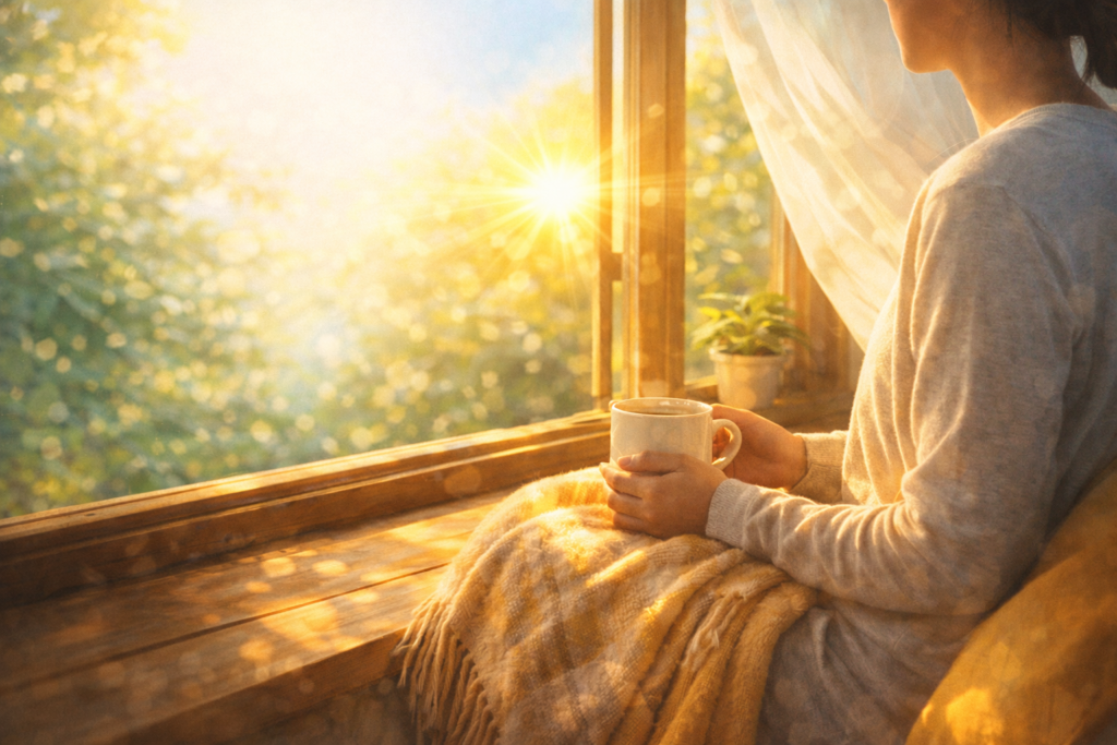 朝の窓辺でブランケットを膝にかけて光を浴びる人の横向きの姿。日向ぼっこ実践イメージ