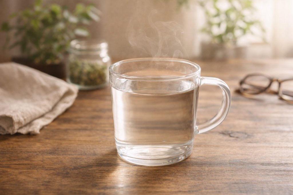 木のテーブルの上で、湯気の立つ白湯の入ったガラスカップ