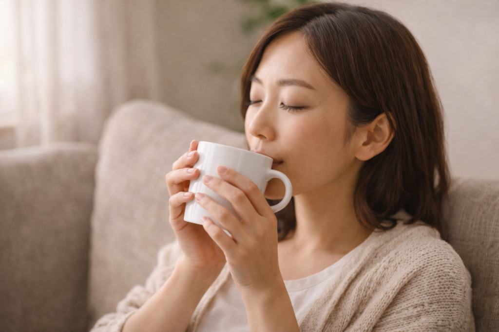 マグカップを手に、リラックスした表情で飲み物を味わう女性