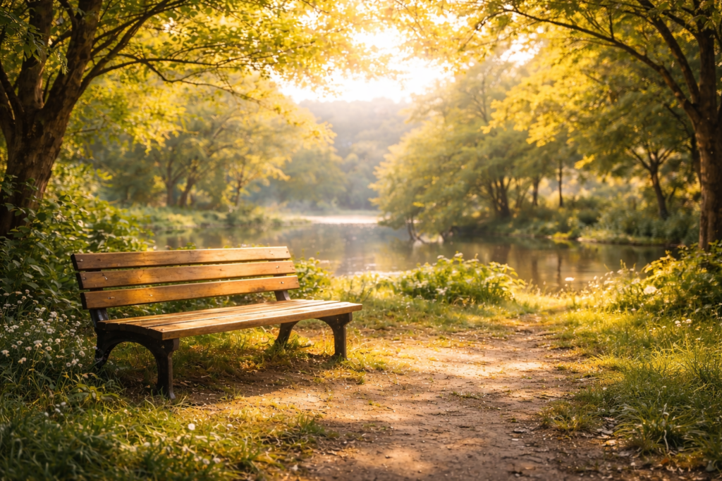 安心できる公園のベンチと静かな風景