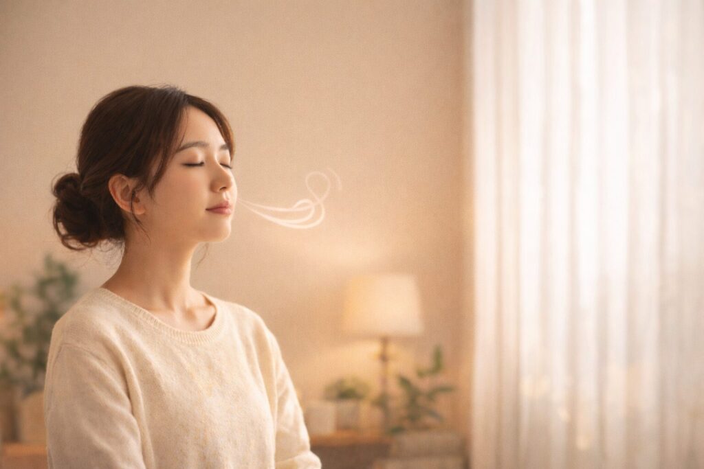 怒りを落ち着かせるためにゆっくり呼吸している女性のイメージ