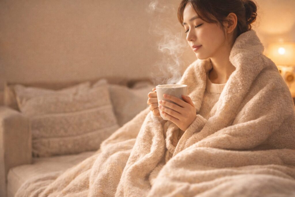 毛布に包まれて安心しながら気持ちを落ち着けている女性のイメージ