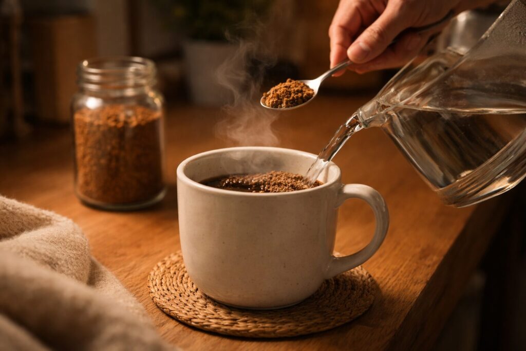お湯を注ぐだけで飲めるインスタントのカフェインレスコーヒー(夜の手軽な一杯)