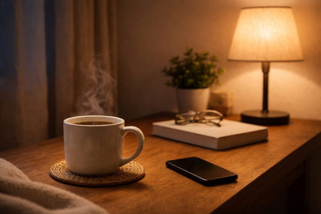 夜のコーヒー時間を落ち着く儀式にするイメージ(照明を落としてスマホを遠ざける)
