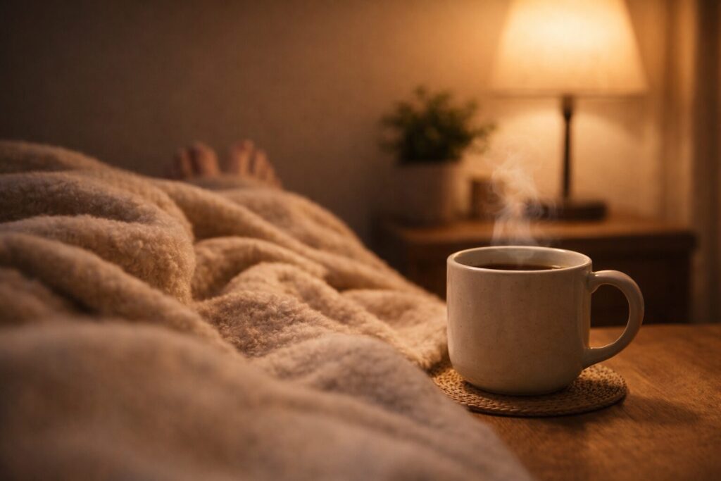 眠りが不安な夜に、毛布と温かい飲み物で気持ちを整えるイメージ