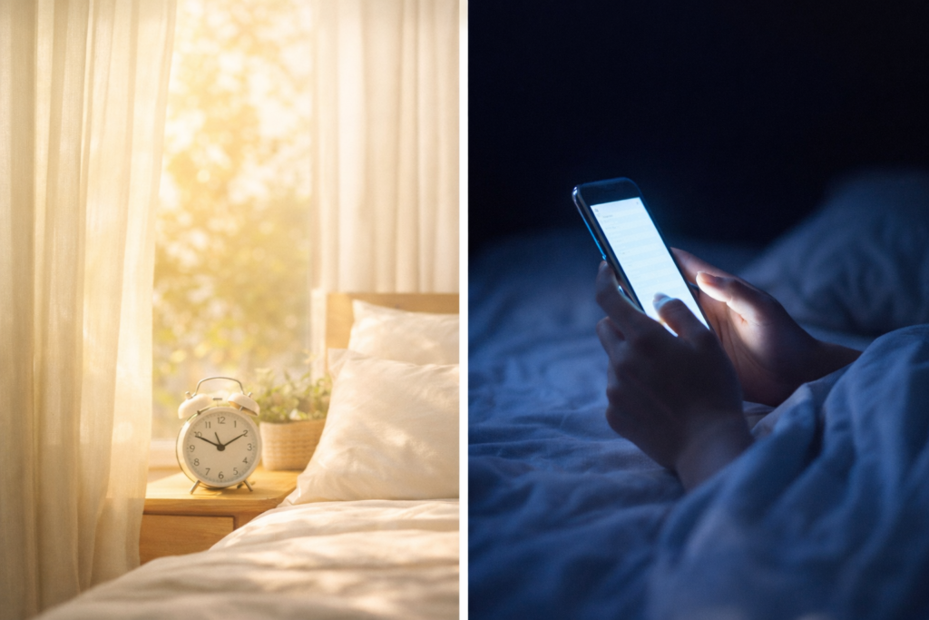 朝の光と夜のスマホ使用を対比した生活習慣の乱れイメージ
