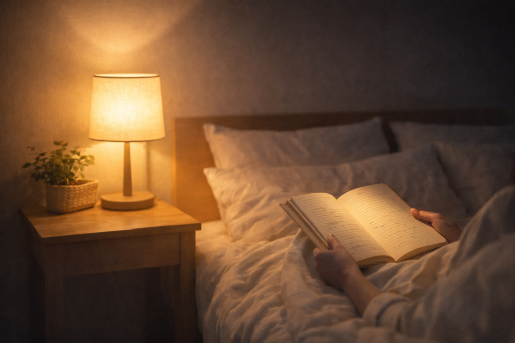 間接照明で夜の生活習慣を整える寝室のイメージ