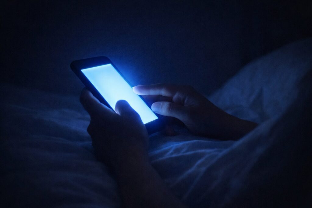 暗い部屋でスマホのブルーライトを浴びる手元のイメージ