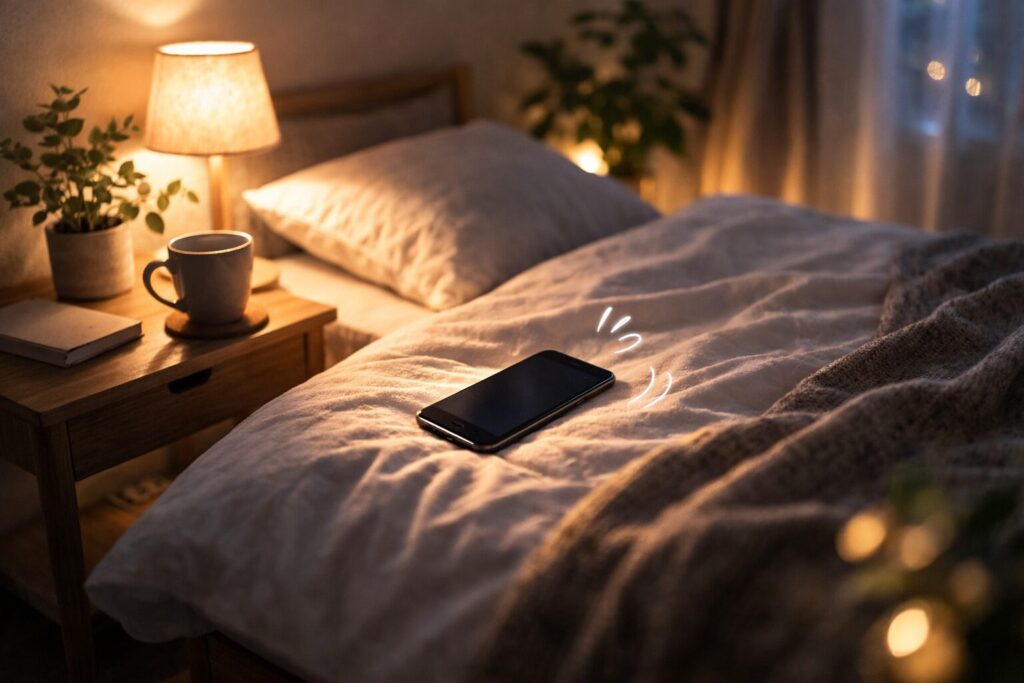 夜のベッドに置かれたスマホと間接照明のある寝室の様子