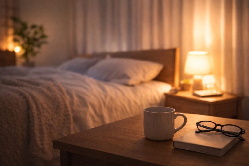 夜の寝室でマグカップと本が置かれた静かなリラックス空間