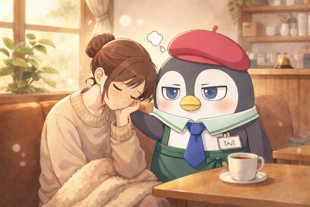カフェのカウンターで落ち込む女性に寄り添うペンギン店長タジのイラスト
