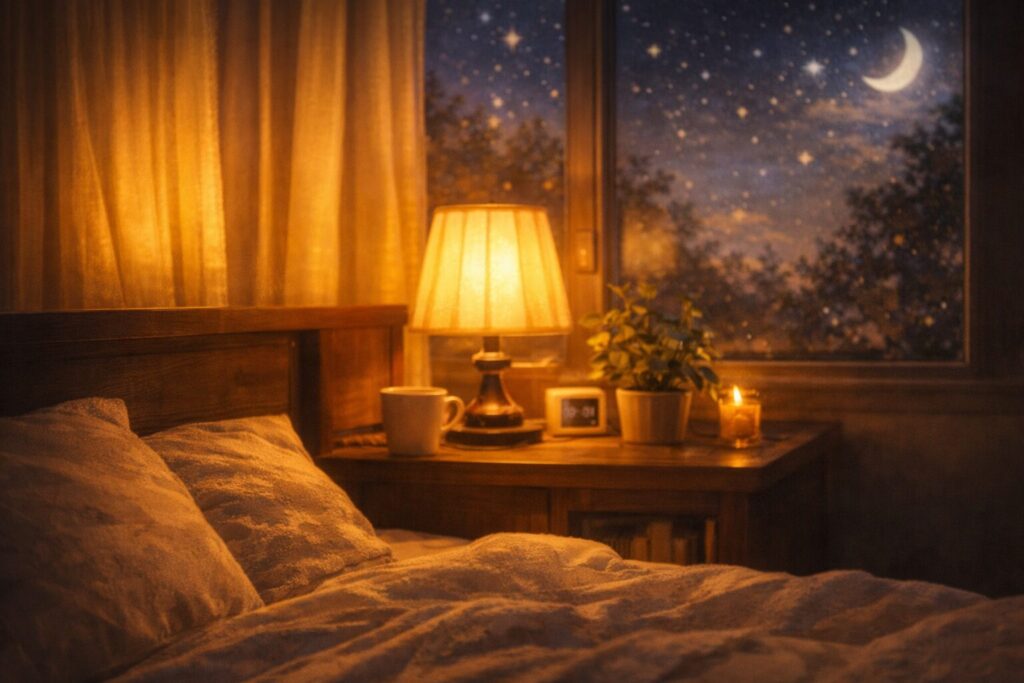 夜に暖色の間接照明で自律神経を整える寝室のイメージ