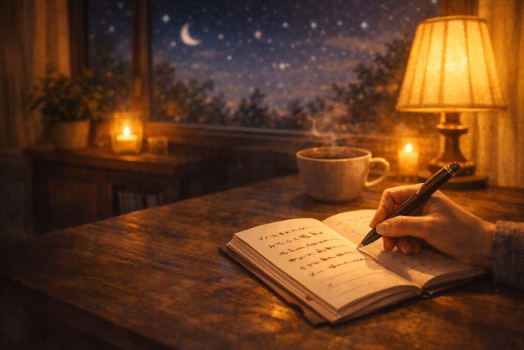 夜に不安を書き出して自律神経を落ち着かせるジャーナリングの様子