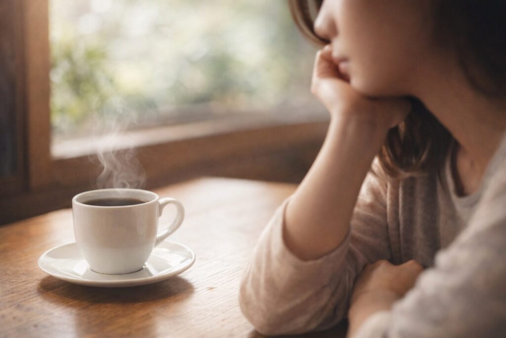 コーヒーを前に、少し考え込むように座る女性のイメージ写真