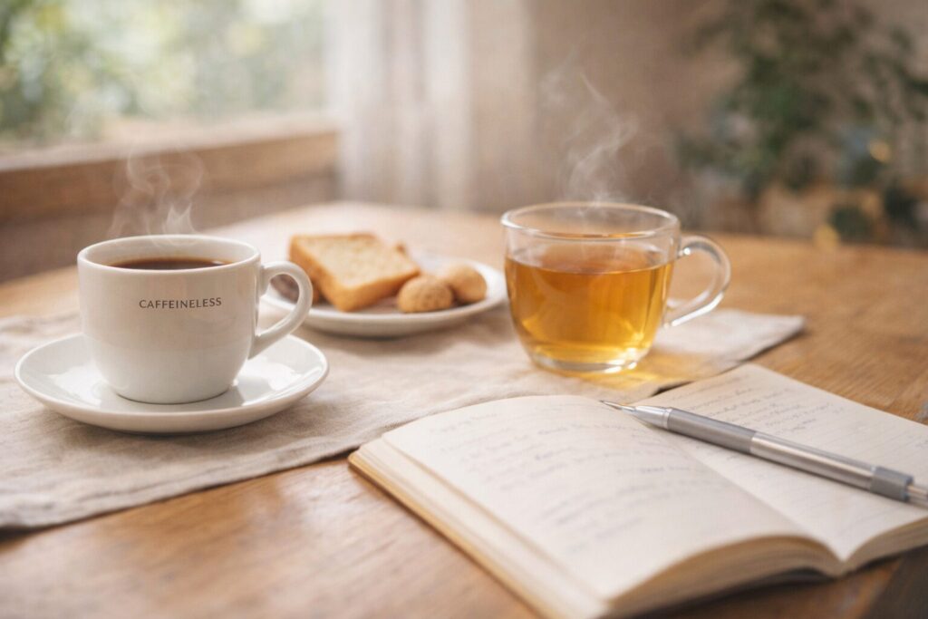 カフェインレスの飲み物と軽食、ノートが並ぶ落ち着いたテーブルの写真