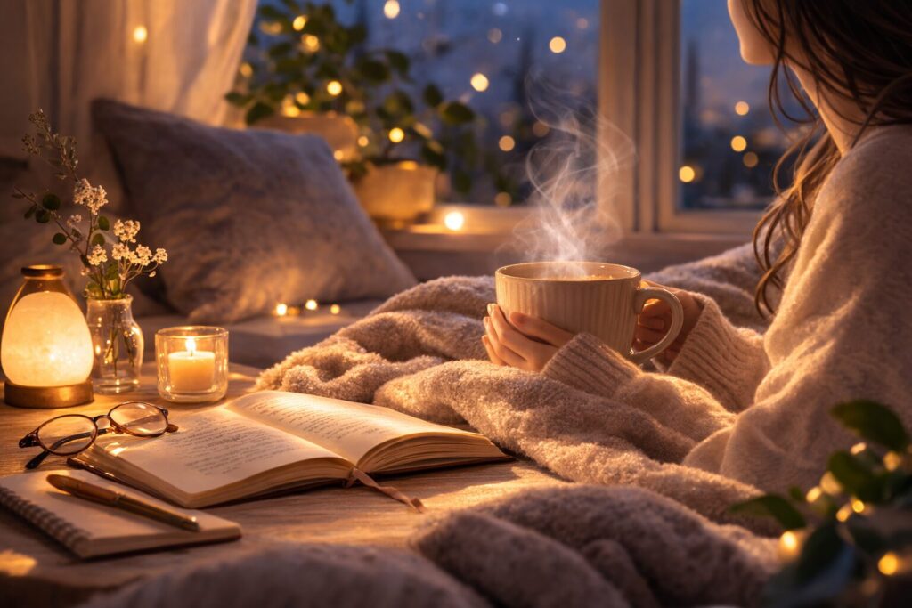 やわらかな照明の部屋で、湯気の立つマグカップと毛布が写るくつろぎの写真