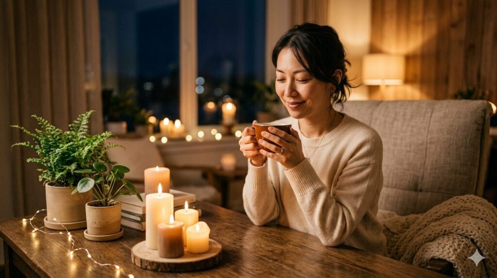 夜、キャンドルと観葉植物に囲まれデカフェコーヒーを両手で包む女性。おうちカフェでのリラックスタイムのイメージ