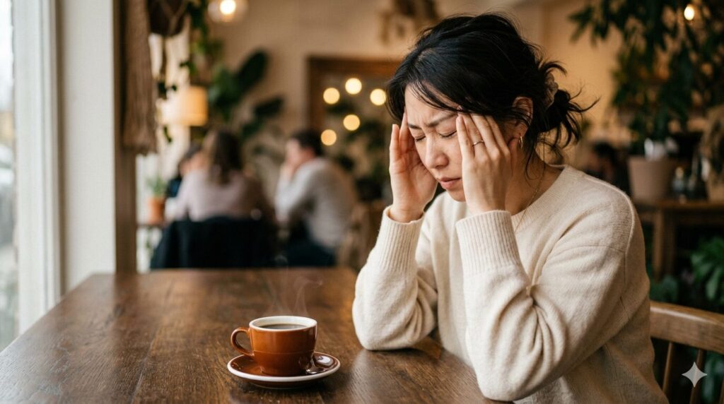 コーヒーカップの横で頭を押さえる女性。カフェインがHSPの神経・自律神経に与える影響のイメージ