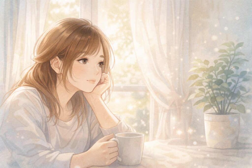 窓辺で飲み物を片手に静かに過ごす女性のやさしいイラスト