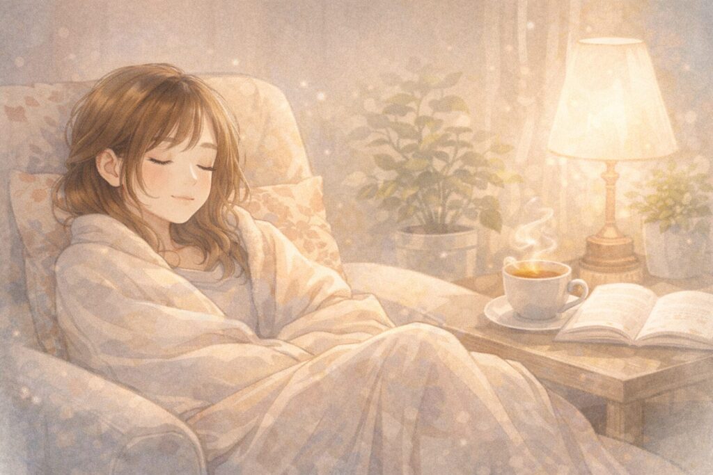 ブランケットにくるまり、あたたかい部屋で休む女性のイラスト