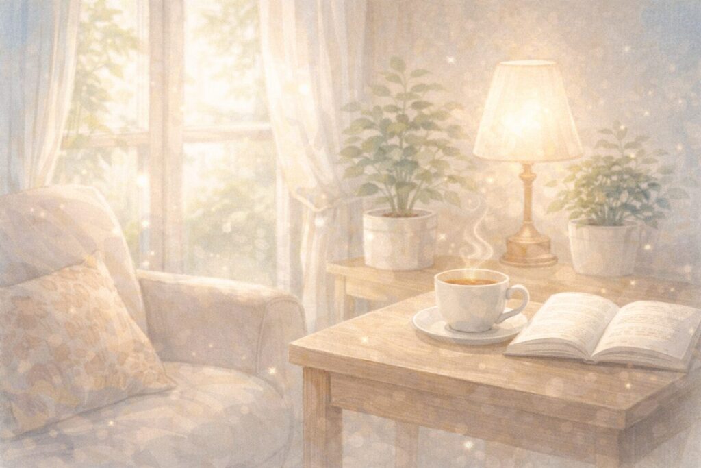 本と温かい飲み物、観葉植物がある静かで整った部屋のイラスト