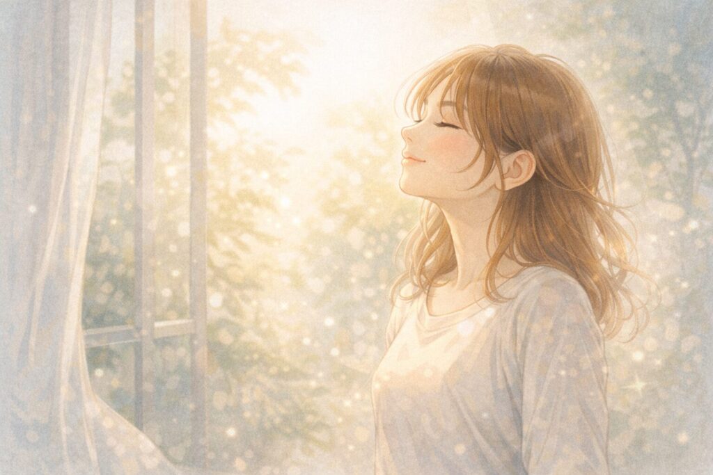 窓辺でやわらかな光を浴びながら、ほっとした表情を見せる女性のイラスト