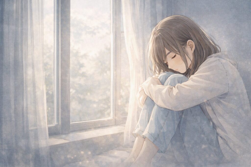 窓辺で静かに膝を抱え、ひとりで気持ちを抱え込む女性のやわらかなイラスト