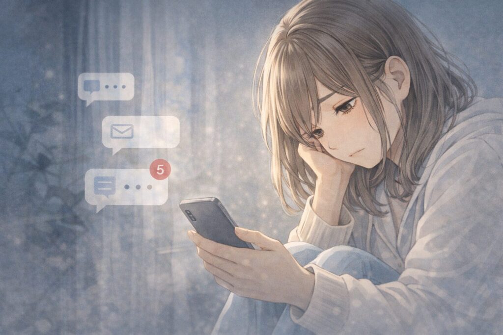 スマホの通知を見ながら返事ができず、疲れた表情を浮かべる女性のイラスト