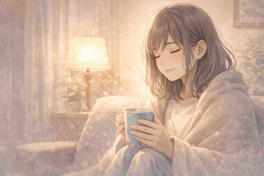 毛布に包まれて温かい飲み物を持ち、ほっとひと息つく女性のやさしいイラスト