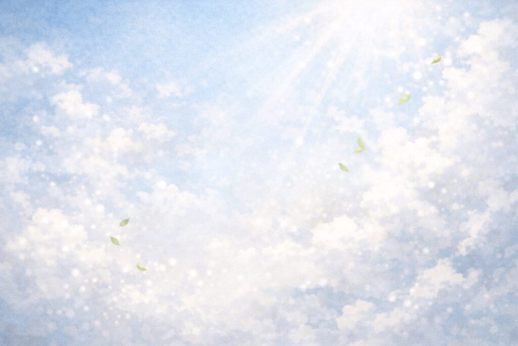 やわらかな光が差し込む空と雲、淡い葉が舞う静かな癒やしのイラスト