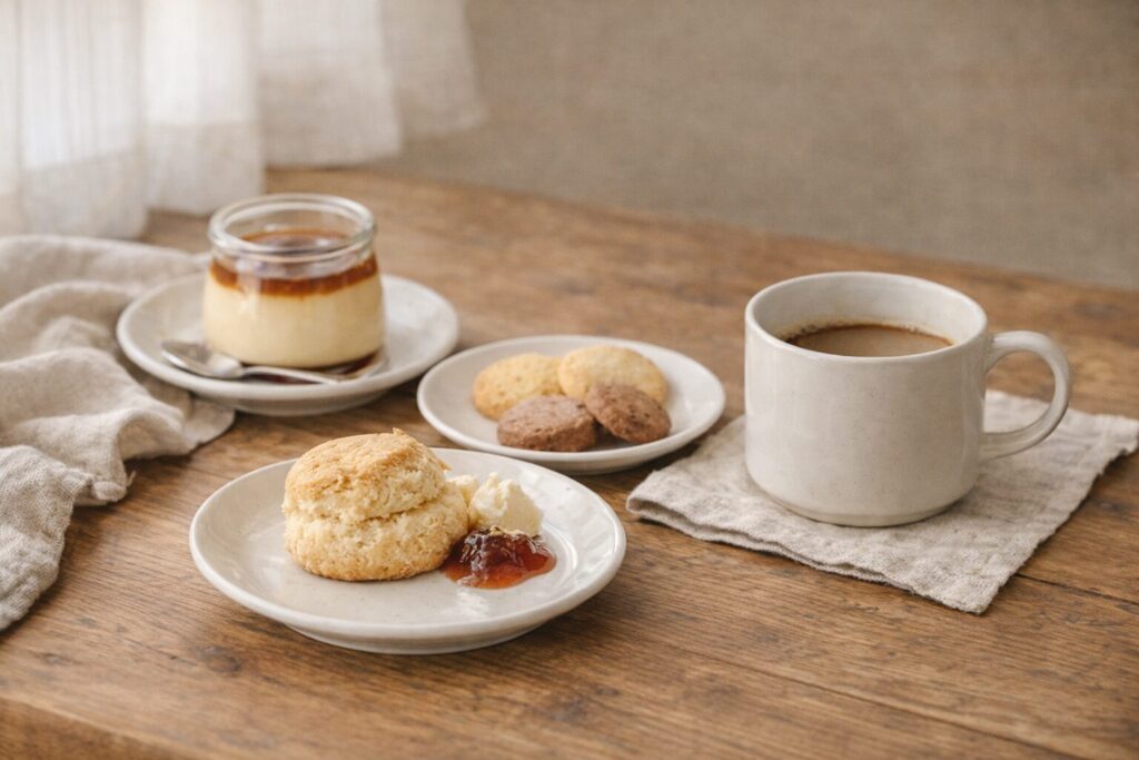 スコーンやプリン、クッキーとコーヒーを白い器に並べたナチュラルなおうちカフェ風景