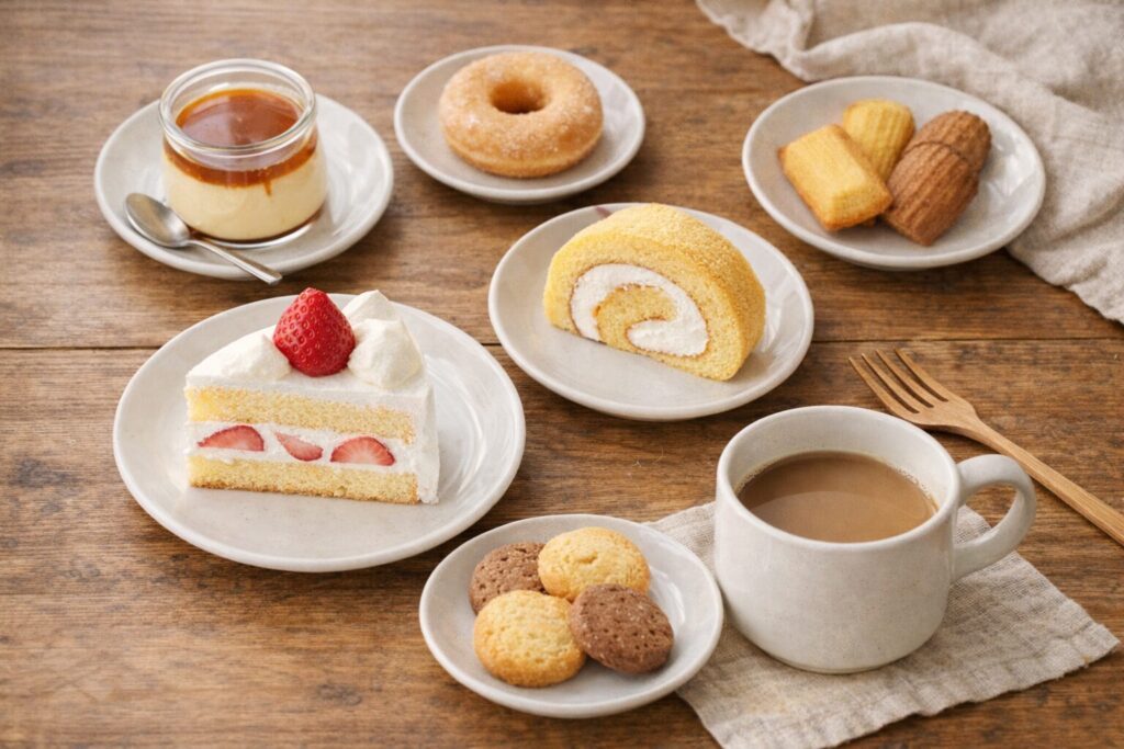 ショートケーキやプリン、ロールケーキ、ドーナツ、焼き菓子を並べたおうちカフェスイーツの俯瞰写真