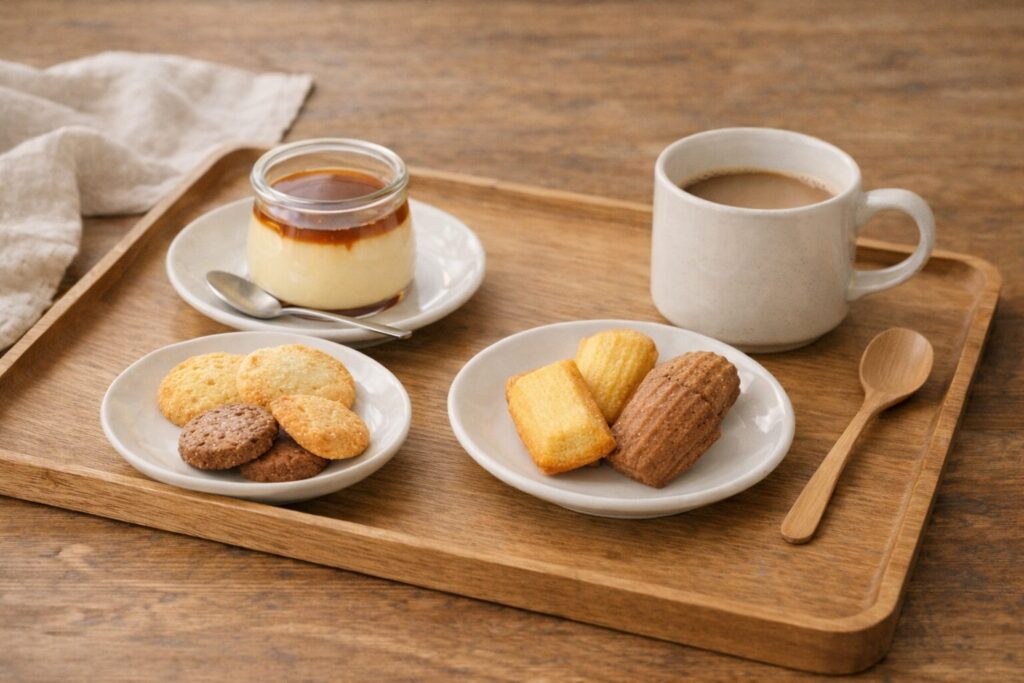 木のトレーにプリンやクッキー、焼き菓子、コーヒーを整えて並べたおうちカフェの盛り付けイメージ