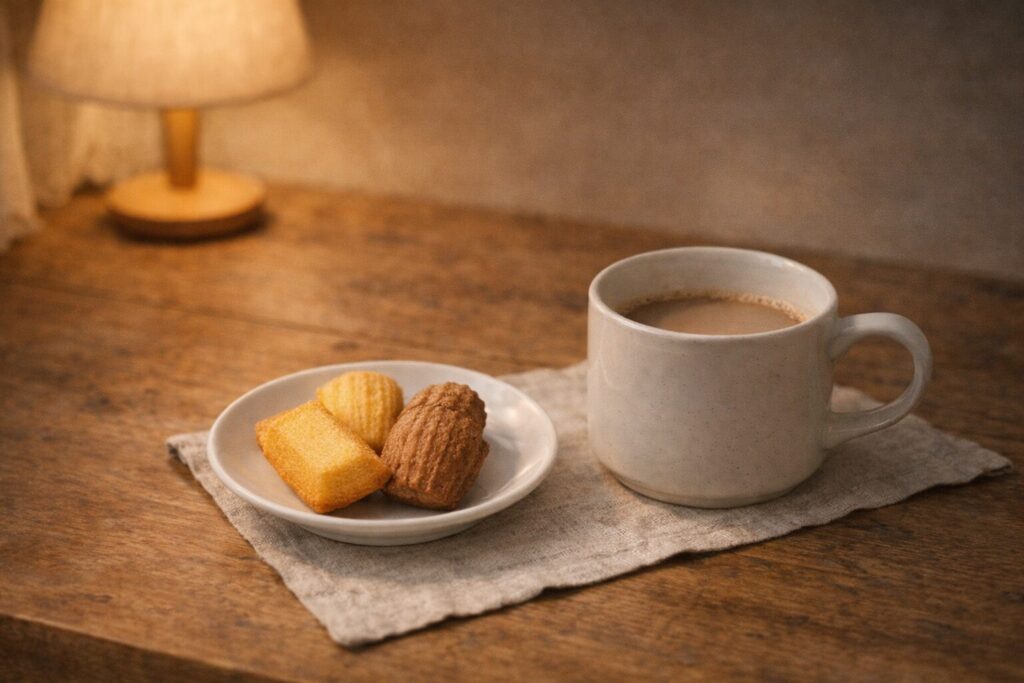 夜のやわらかい照明の中でカフェオレと焼き菓子を楽しむ落ち着いたおうちカフェ時間