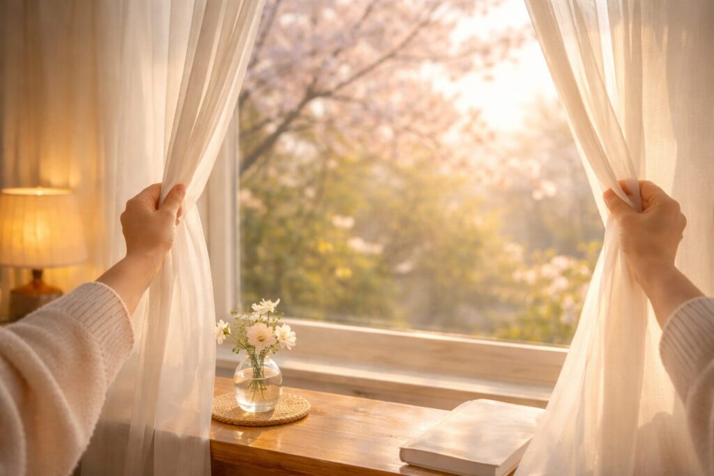 春の朝にカーテンを開けて光を取り入れる手元の写真｜体内時計を整えるイメージ