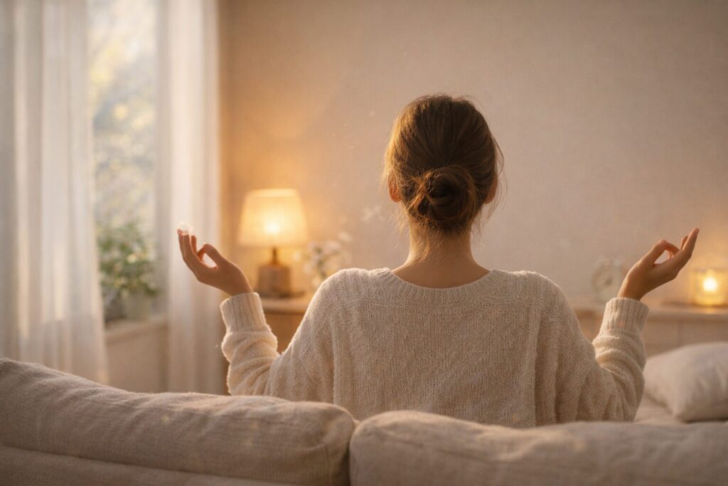 朝の部屋で深呼吸してリラックスする後ろ姿｜自律神経を整えるイメージ