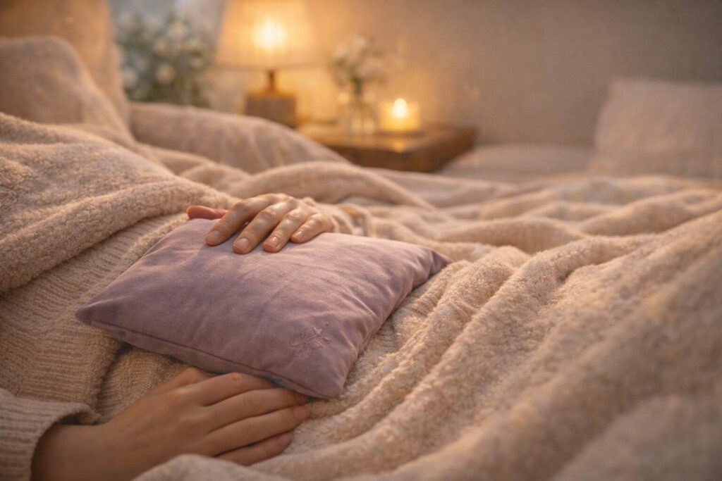 毛布に包まりながらお腹をあずきカイロで温める手元｜春の眠気対策のイメージ