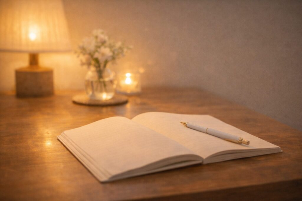 温かい照明の下でノートとペンを置いたテーブル｜FAQ前の区切りイメージ