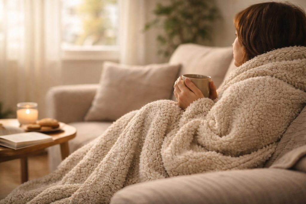 休みの日にどこにも行きたくないとき、毛布にくるまって温かい飲み物を飲む様子