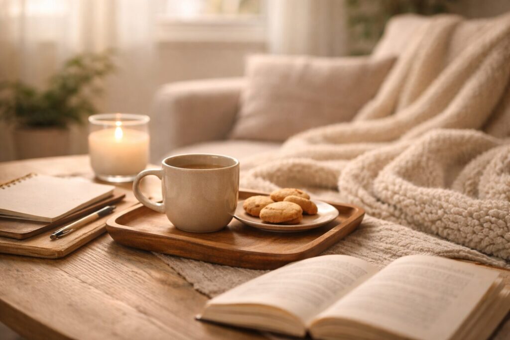 休みの日に家でひと息つく、おうちカフェのマグカップとクッキーと本が置いているテーブル