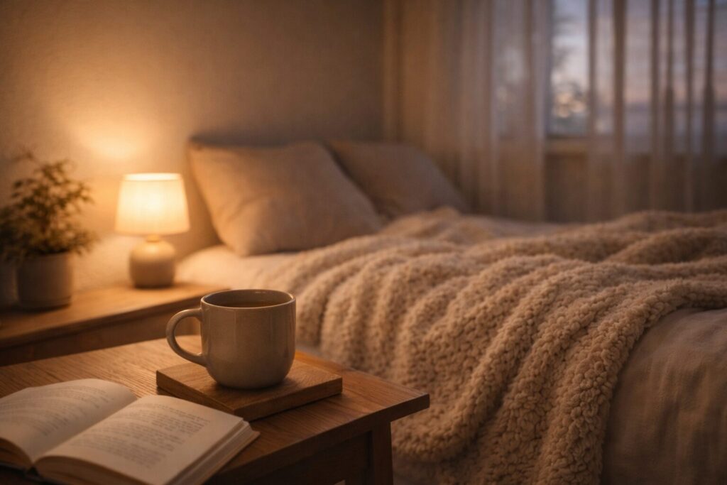 休みの日は回復の日でもいいと思える、間接照明のある静かな寝室とマグカップ