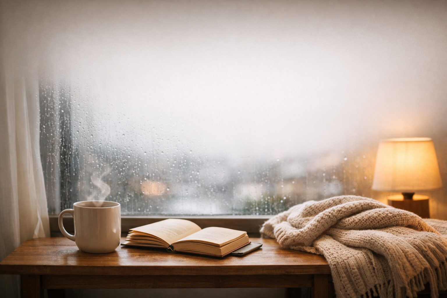雨の日の窓辺で温かい飲み物と本を置いた室内の写真（雨の日のおすすめの過ごし方）