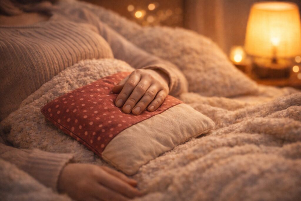 夜の部屋であずきカイロをお腹に当てて温まっている様子