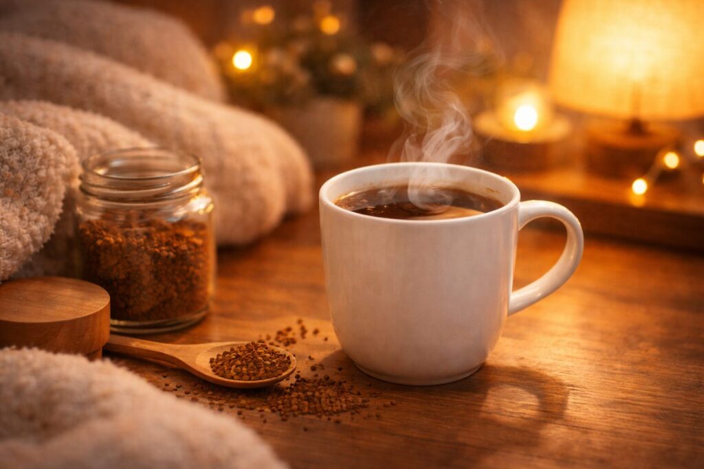 夜の部屋で湯気が立つインスタントコーヒーのマグカップ